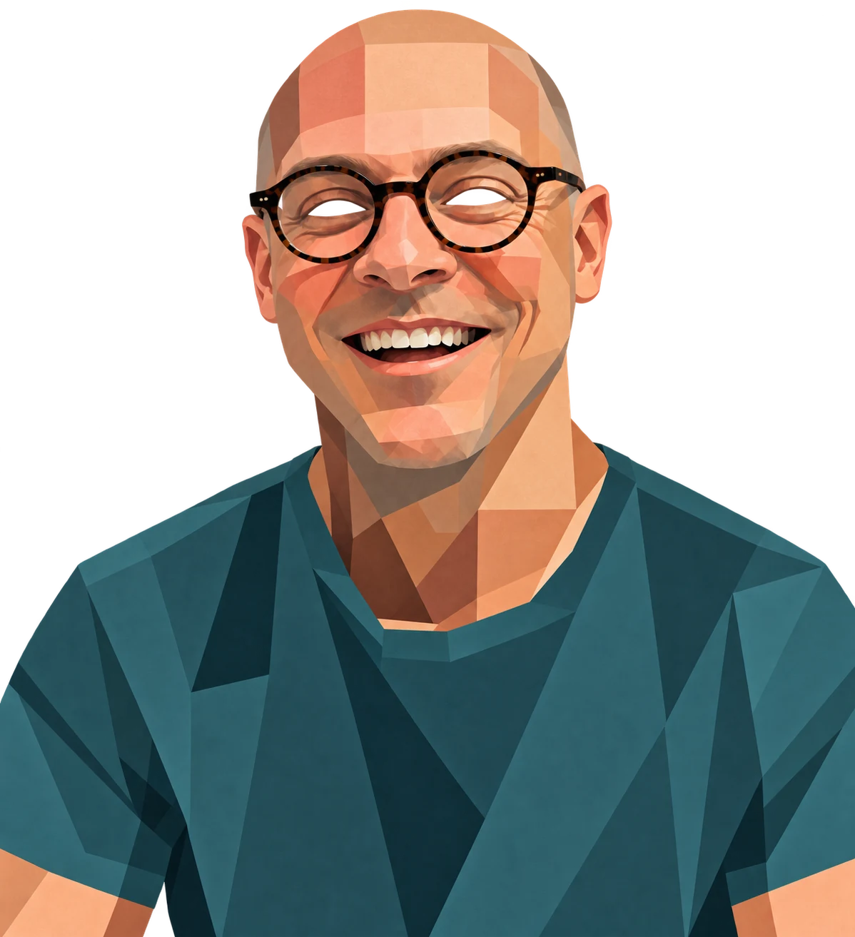An illustrated portrait of James Nicholson, smiling, in round tortoiseshell glasses and a teal T-shirt. His eyes follow your pointer.