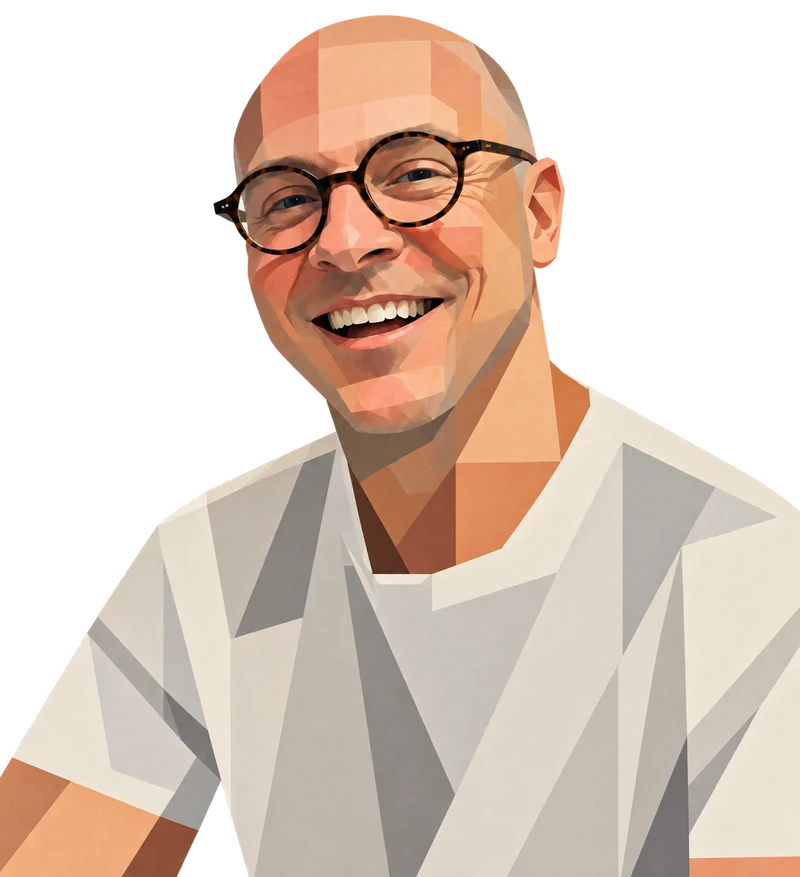 An illustrated portrait of James Nicholson, smiling, in round tortoiseshell glasses and a white T-shirt.