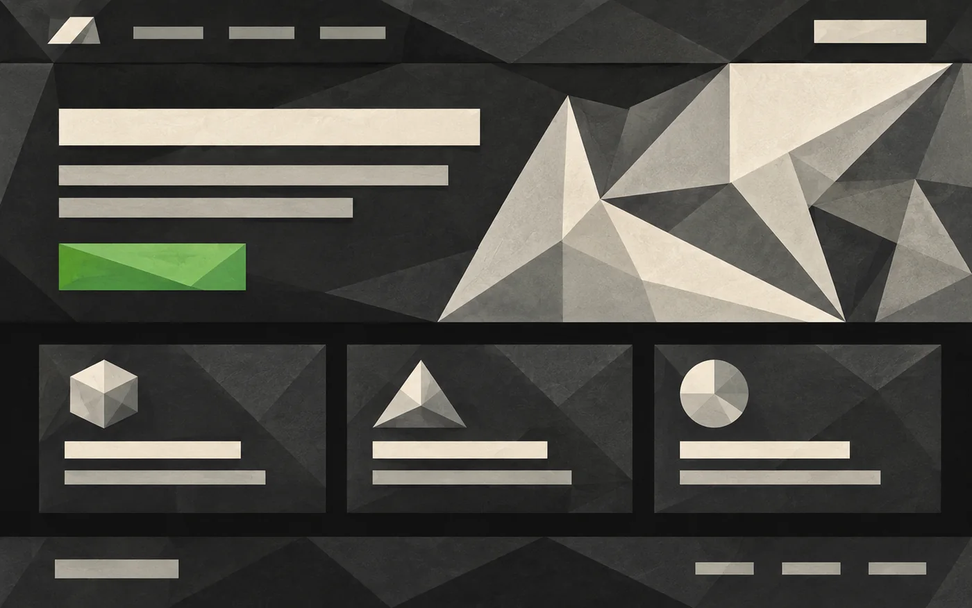 An illustration of a website layout in faceted paper shapes: a header, a hero with a green button, three cards and a footer, in charcoal, grey and cream.