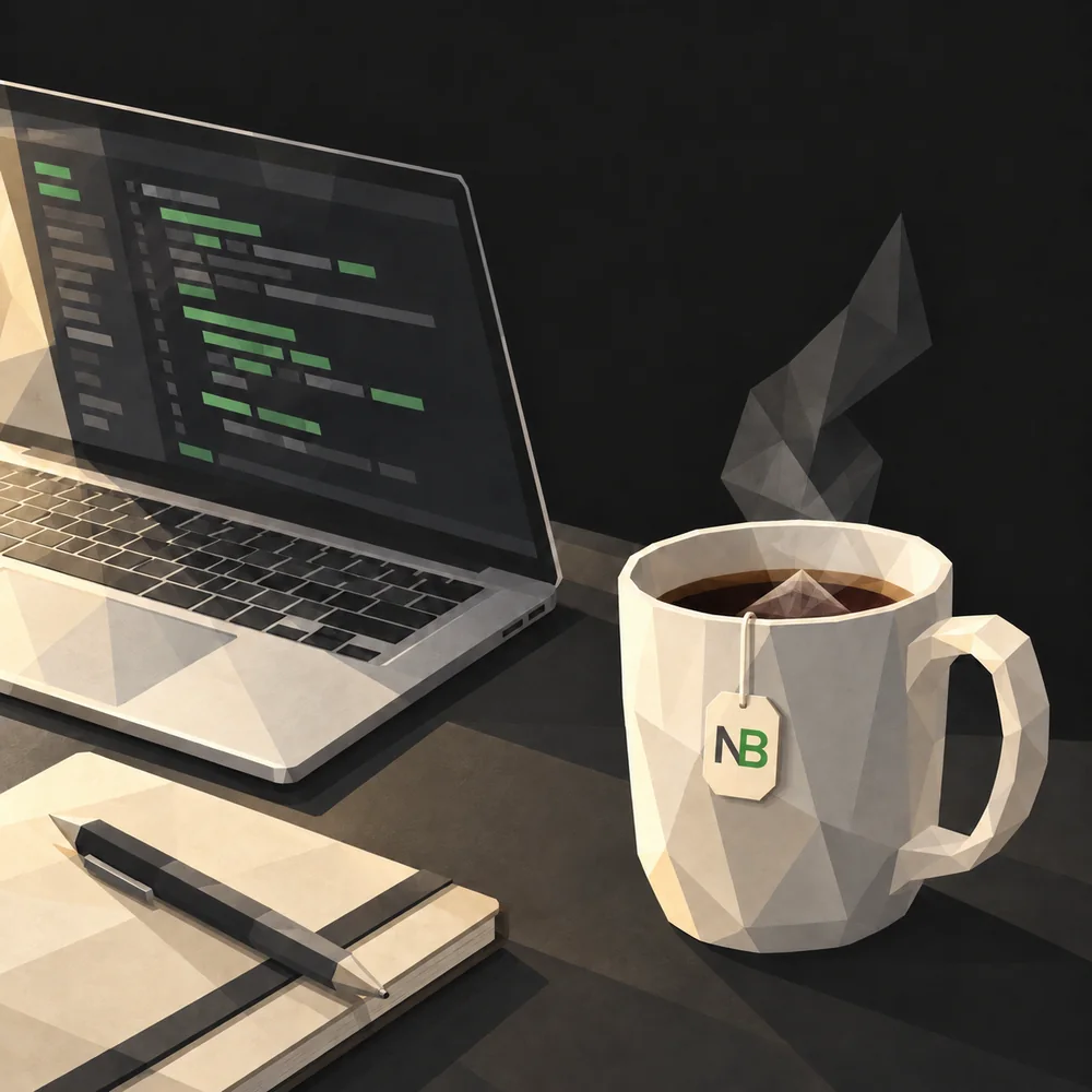 An illustration in faceted paper shapes: a laptop open on a code editor, a notebook and pen, and a steaming mug of tea with an NB tag on the tea bag.