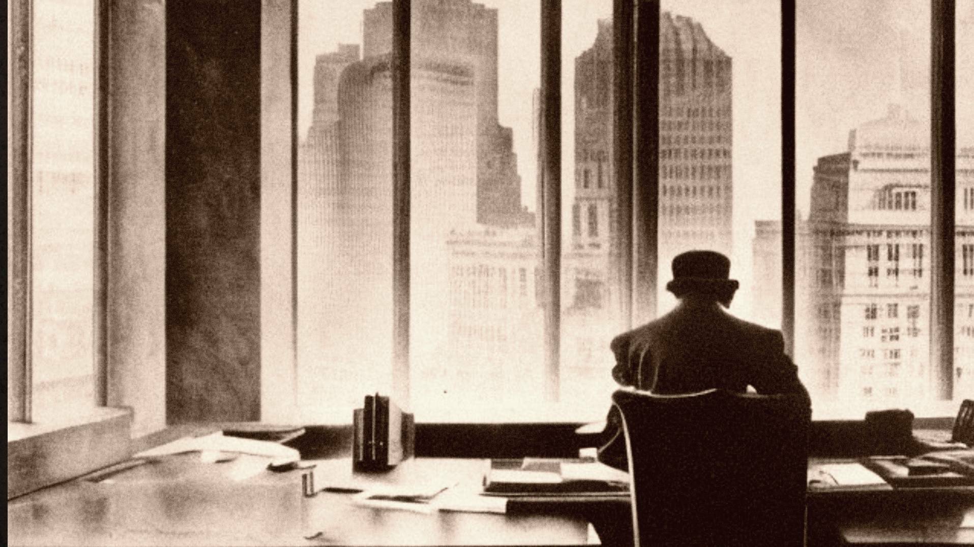 A solitary figure in a bowler hat gazes over a cityscape from a high-rise office. The sepia tones evoke a sense of nostalgia, while the towering buildings symbolize the complex and ever-evolving nature of regulations and corporate responsibility.