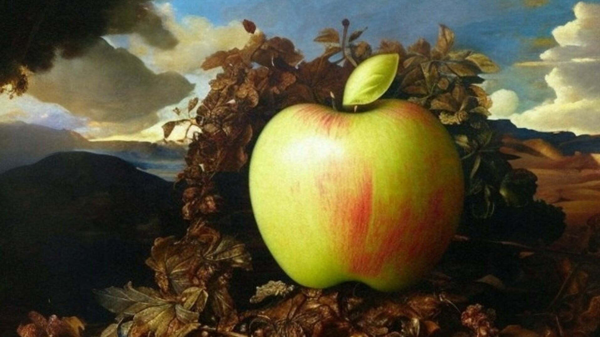 A luminous apple, glowing with soft green and red hues, sits majestically against a dramatic backdrop of mountains and twilight clouds. Encased in a halo of delicate foliage, it evokes both classical still life and modern symbolism, inviting viewers to ponder its layered meaning.
