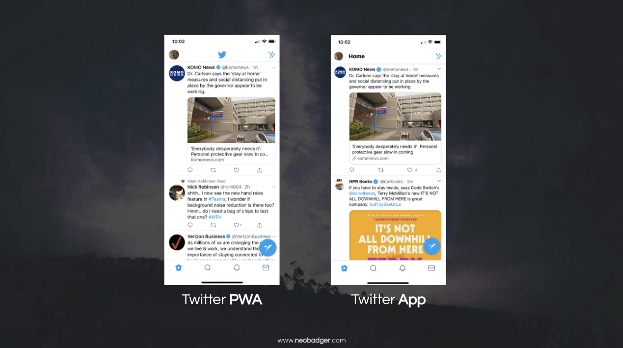 A side-by-side comparison of the Twitter Progressive Web App (PWA) and the Twitter native app on mobile devices. Both interfaces display similar layouts, with slight differences in spacing and navigation icons. The PWA is on the left, and the native app is on the right.