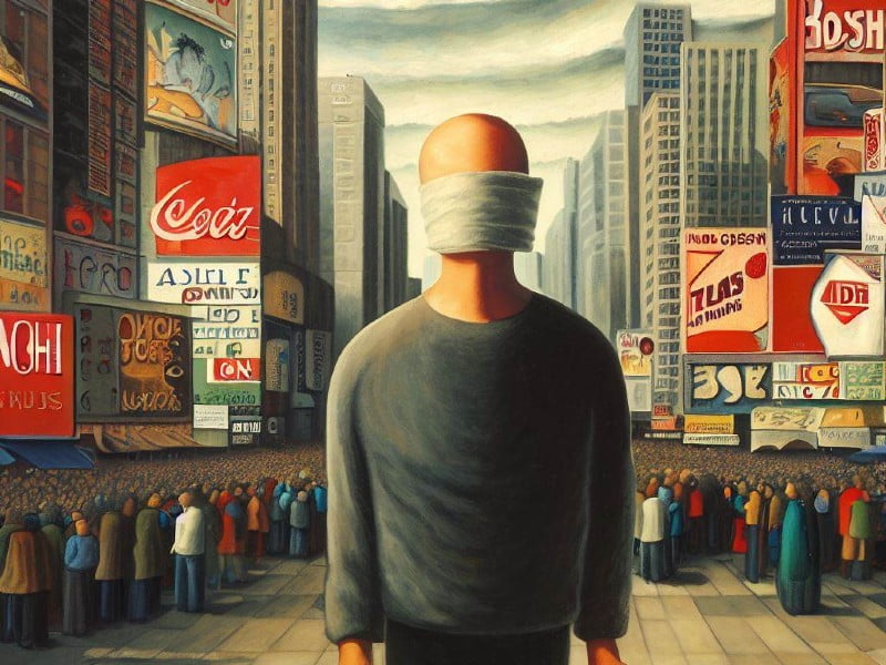 A blindfolded figure stands amidst a sea of advertisements in a towering cityscape. The bustling crowd below contrasts with the figure’s isolation, embodying the overwhelming nature of unchecked digital noise and the quiet rebellion of those seeking clarity in the chaos.