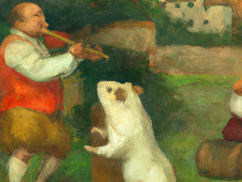 A jubilant scene where a man, freshly experimenting with his bagpipe skills, plays with fervor in a pastoral setting. A guinea pig, animated by the tune, rises on its hind legs, seemingly enchanted by the rustic melody. Together, they create a quirky and heartwarming moment of unplanned harmony between man and creature.