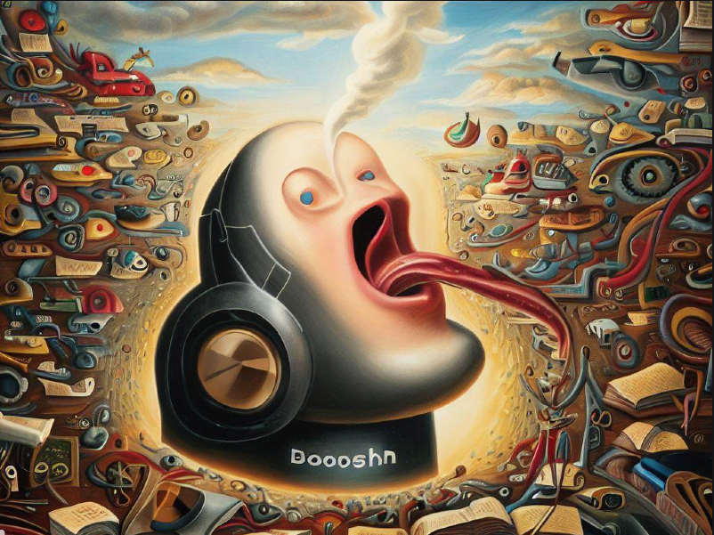 A surreal depiction of a machine-like entity voraciously ingesting streams of information, surrounded by a chaotic whirlwind of data fragments, books, gadgets, and machinery, symbolizing the boundless appetite of AI in the digital era.