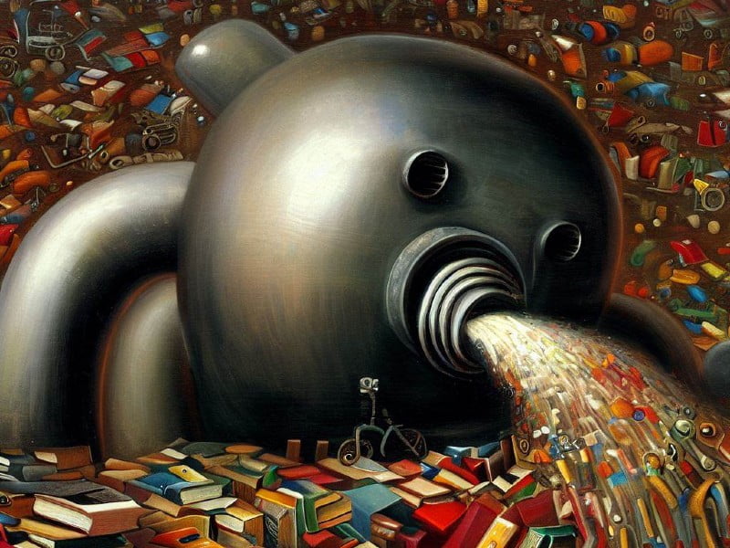A towering, machine-like entity voraciously expels streams of processed information, surrounded by a chaotic sea of books, gadgets, and mechanical remnants, embodying the relentless cycle of data consumption and transformation in the age of AI.