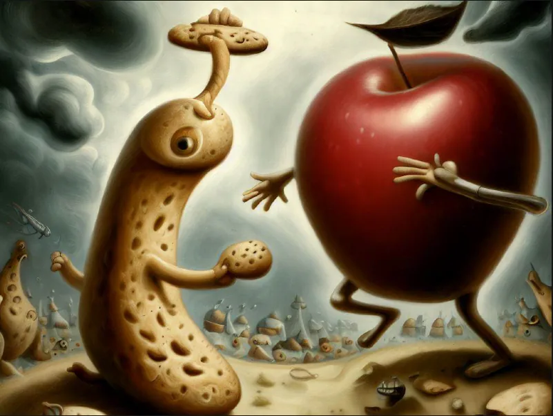A surreal confrontation unfolds between a sentient apple and a whimsical cookie creature, set against a backdrop of stormy skies and distant villages, symbolizing the clash of digital privacy and tracking technologies in the modern marketing landscape.