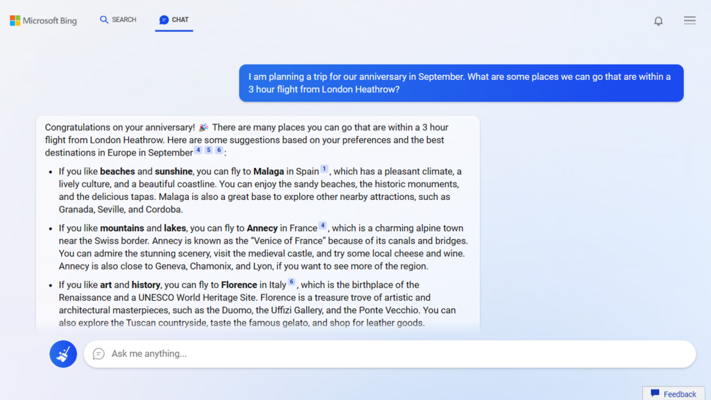 A screenshot of Bing AI chat interface displaying a response to a travel query. The question asks for recommendations on destinations within a 3-hour flight from London Heathrow for an anniversary trip in September. The response suggests Malaga, Annecy, and Florence, including highlights of each location, like beaches, mountains, and historical attractions.