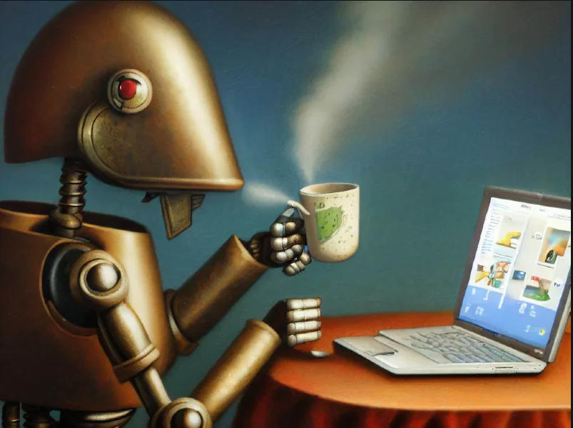 A robot sipping tea while using a laptop, symbolizing the intersection of technology, AI, and everyday life.