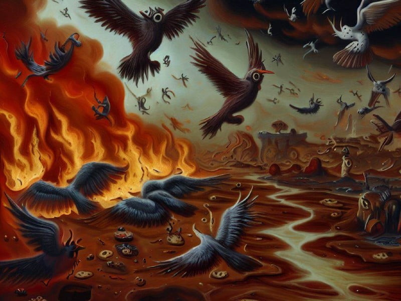 A chaotic landscape of burning terrain and falling birds, symbolizing the dramatic shift in Google's advertising ecosystem.