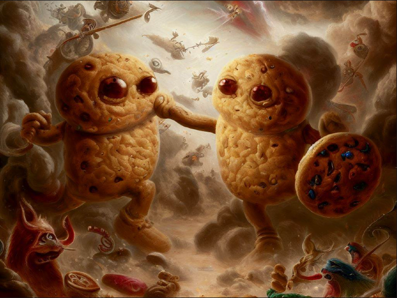 Two fierce, anthropomorphic cookies engage in an epic battle amidst a whirlwind of chaos and fantastical warfare. Surrounded by smoke, surreal creatures, and a stormy backdrop, the scene symbolizes the intense conflict between first-party and third-party cookies in the digital domain.