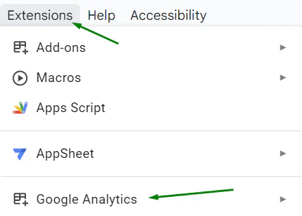 A Google Sheets menu showing the "Extensions" tab with the "Google Analytics" option highlighted. This indicates the pathway to access the Google Analytics add-on for data reporting and analysis.