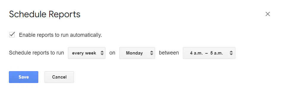 A settings interface in the Google Analytics Spreadsheet Add-on for scheduling automated reports. The options shown include enabling automatic scheduling, setting the frequency to "every week," selecting "Monday," and specifying a time range of "4 a.m. – 5 a.m."