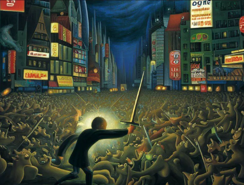 A lone figure brandishes a glowing sword in defiance against an overwhelming crowd of chaotic figures, symbolizing intrusive ads. Set against the backdrop of a bustling, neon-lit urban jungle, this striking image captures the battle for a peaceful browsing experience amidst the relentless noise of digital advertisements.