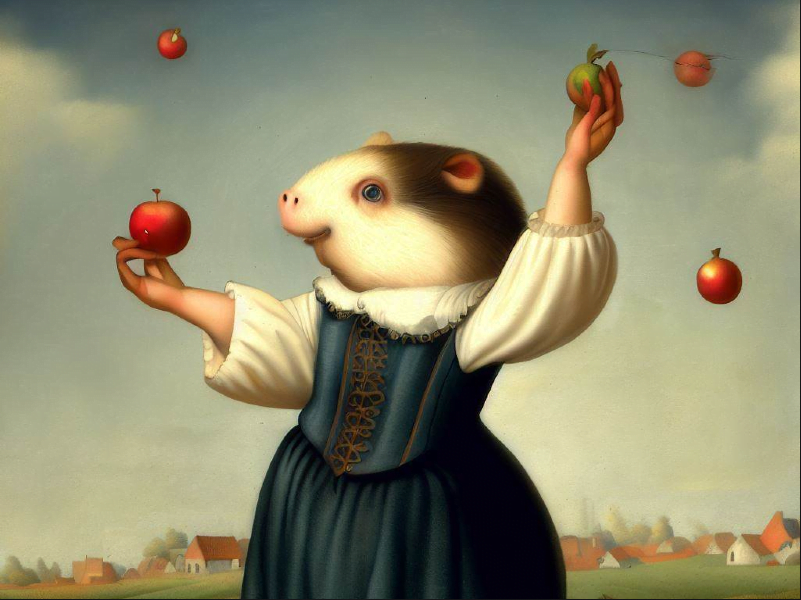 A whimsical portrayal of a guinea pig in a flowing Renaissance gown, gracefully juggling vibrant apples against a serene countryside backdrop.