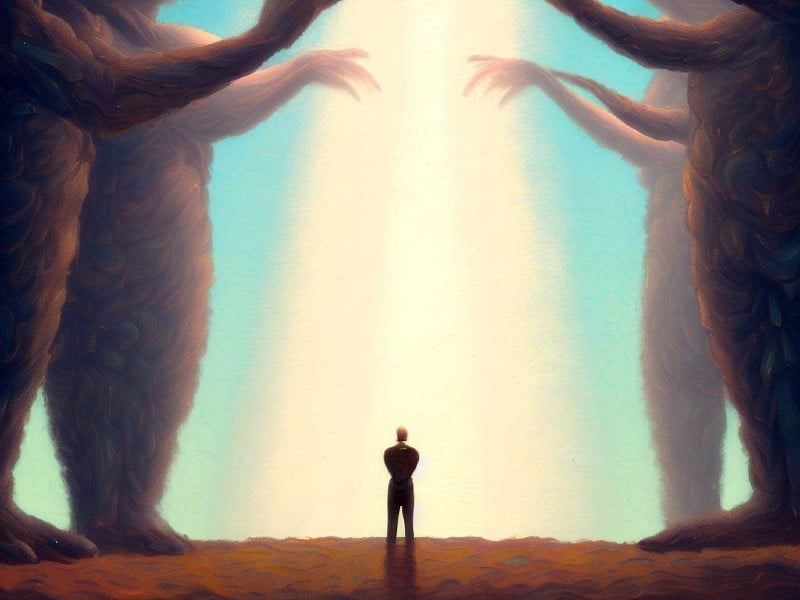 A small individual stands beneath towering, shadowy figures bathed in light, symbolizing Apple's power over data privacy.