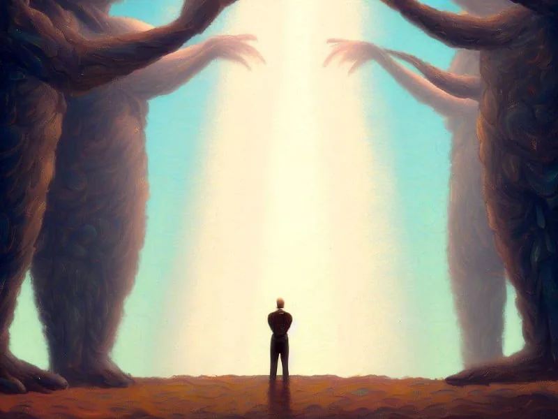 A small individual stands beneath towering, shadowy figures bathed in light, symbolizing Apple's power over data privacy.