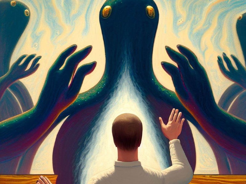 A person confronts towering, alien-like entities with an assertive stance, symbolizing resistance to invasive tracking.