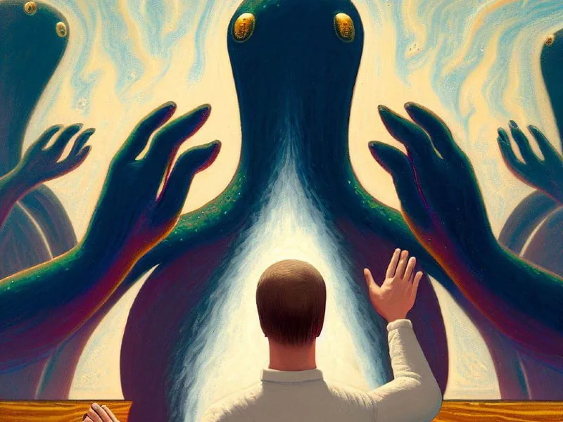 A person confronts towering, alien-like entities with an assertive stance, symbolizing resistance to invasive tracking.