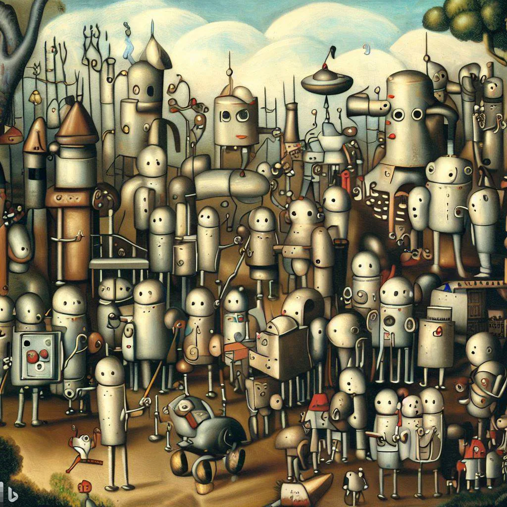 A bustling crowd of quirky, humanoid robots stands in an abstract world of mechanical imagination. Each figure, unique in its form and function, represents diverse perspectives and challenges in artificial intelligence. Their collective presence invites reflection on the importance of inclusivity and fairness in machine learning systems.