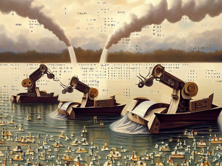 Robotic boats gathering data from a sea of floating figures, symbolizing mass data extraction and analysis.