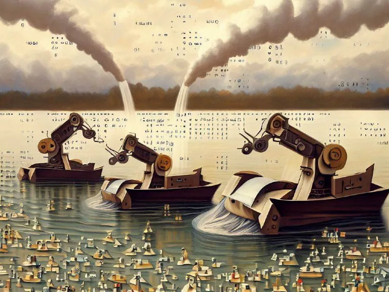 Robotic boats gathering data from a sea of floating figures, symbolizing mass data extraction and analysis.