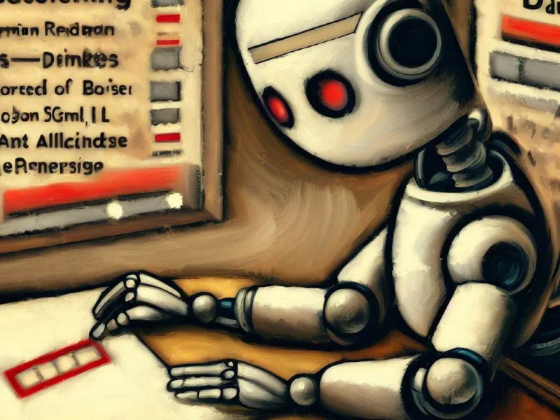 A robot meticulously writes on a desk, surrounded by cryptic data and red highlights. Its glowing red eyes suggest determination, as it works to unravel the complexities of its coded environment, symbolizing the tireless quest to decode and address bias within artificial intelligence systems.