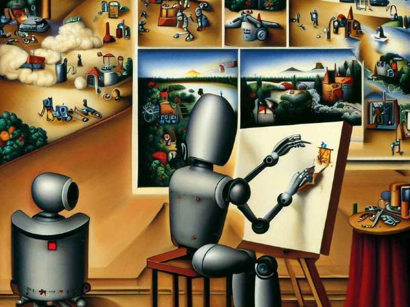A reflective scene where an artistically inclined robot sketches a tranquil countryside on an easel, surrounded by an array of surreal, machine-inspired landscapes pinned to the studio wall.