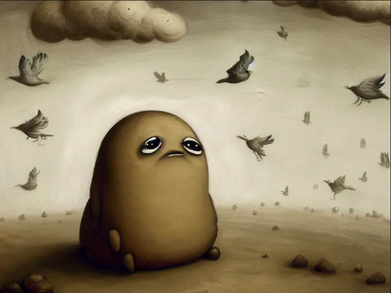 A melancholic potato amidst flying birds and barren land, embodying advertisers’ struggles in the Privacy Sandbox era.