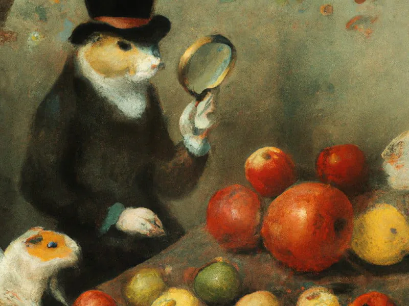 A refined guinea pig donning a detective's hat and wielding a magnifying glass inspects an assortment of apples with Sherlockian precision. Its tiny companion looks on, seemingly in awe of the intense investigation. The scene humorously blends intellect and charm in a tale of fruit and mystery.