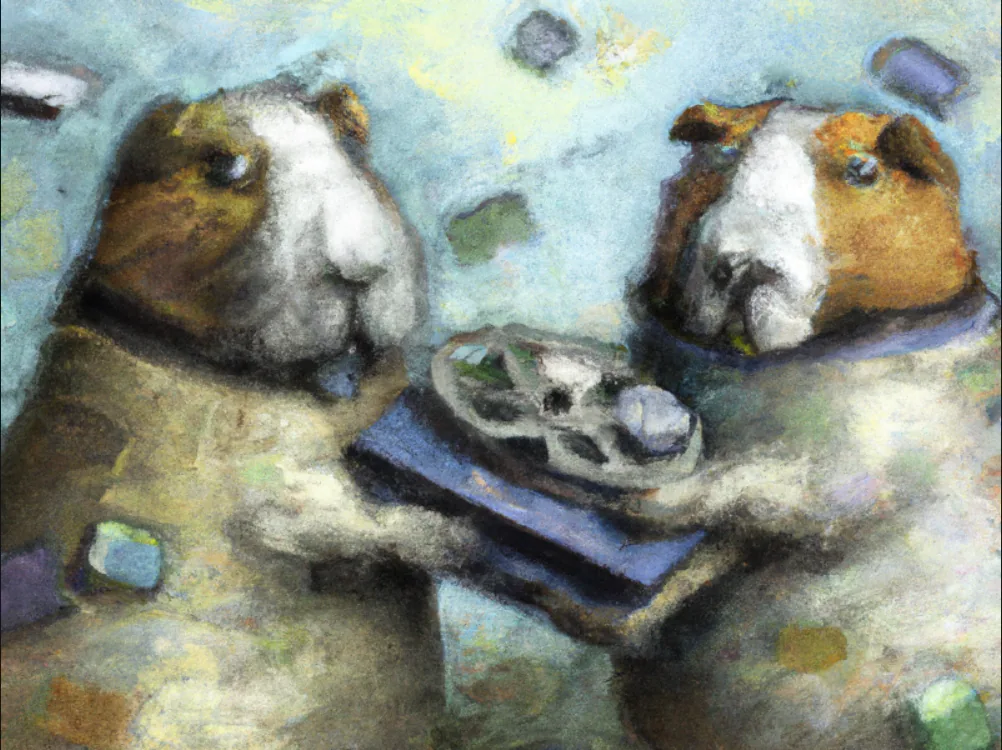 Two guinea pigs, captured in a soft, abstract style, share a moment over a book and reel of video and audio on magnetic tape. Their expressions reflect a mix of curiosity and unease, inviting reflection on the complexities of relationships—human or otherwise—and the comfort found in familiar company amidst uncertainty.