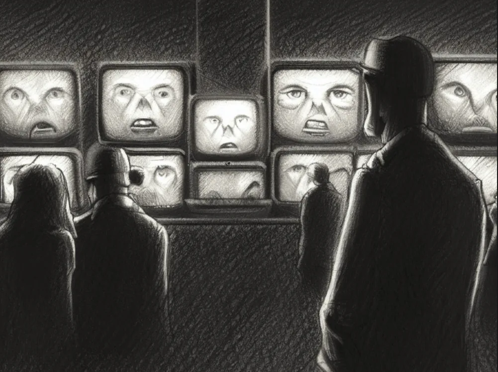 In a dimly lit room, shadowy figures observe rows of screens, each displaying distorted, scrutinizing faces. The stark monochromatic style captures the eerie omnipresence of surveillance, evoking Orwellian themes of control and the tension of modern data privacy laws like the CCPA.