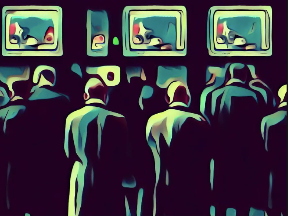 A shadowy crowd of figures stands transfixed before glowing screens, their silhouettes stark against the eerie light. This surreal scene explores themes of surveillance, compliance, and the power of digital oversight in a GDPR-regulated world.