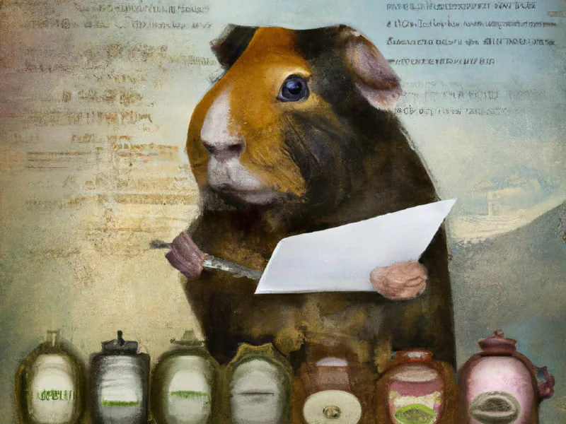 A discerning guinea pig, dressed as a meticulous tea sommelier, holds a clipboard as it evaluates an array of unique tea jars. Each container seems to hold a different flavor, hinting at a refined taste test in progress. The scene celebrates the charm of precision and the whimsical pursuit of perfection.