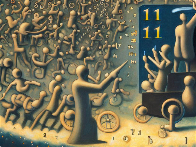 A surreal depiction of abstract human figures amidst a flurry of symbols and numbers, representing the complexities of choosing the right attribution model.