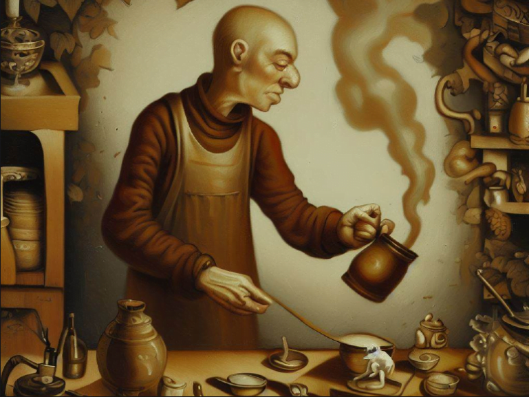 A tea maker meticulously preparing a brew, symbolizing the careful blending of factors in attribution modeling decisions.