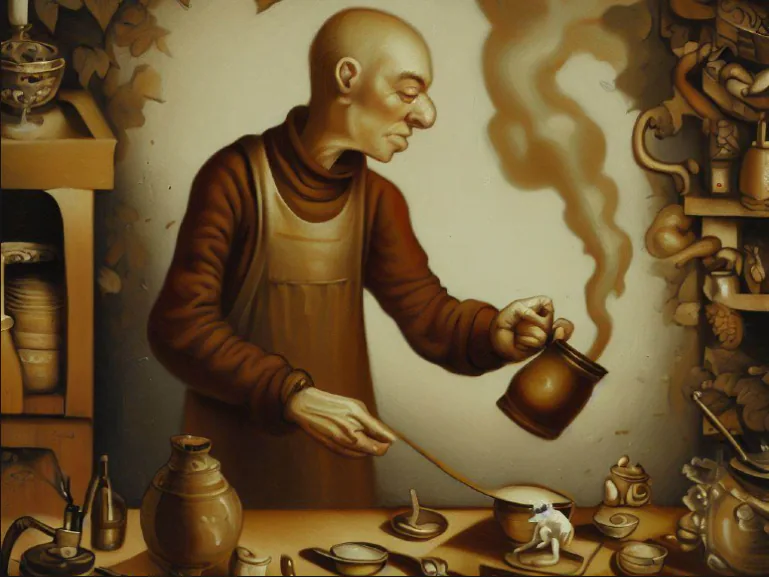 A tea maker meticulously preparing a brew, symbolizing the careful blending of factors in attribution modeling decisions.