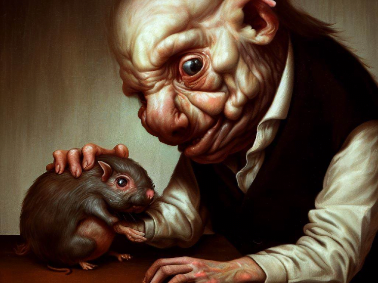 A grotesque creature tenderly holding a pet, illustrating the complexity and care needed to master attribution.