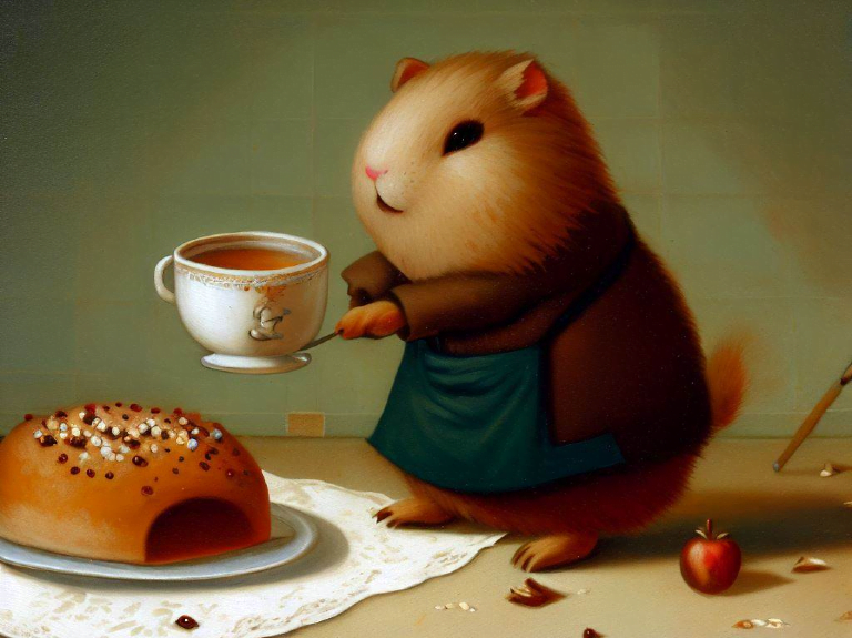 A guinea pig dressed in an apron serves tea alongside a cake, symbolizing decision-making in attribution models.