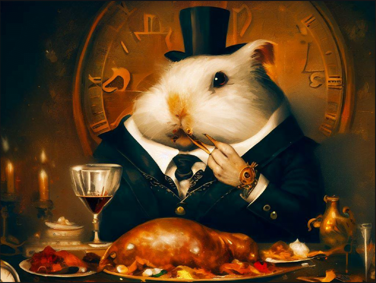 A whimsical illustration of a guinea pig dressed in formal attire, including a top hat and suit, seated at an elegant dining table. The table is set with a roasted dish, wine glass, and ornate decor, evoking a Victorian-era aesthetic. A clock and warm lighting in the background add to the refined atmosphere.