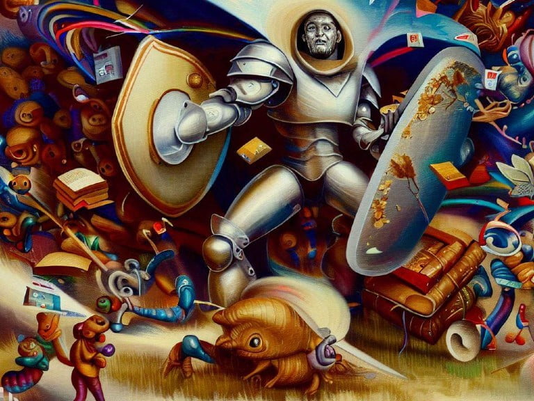 A valiant knight armed with shields battling through a chaotic swirl of objects, symbolizing the defense of privacy.