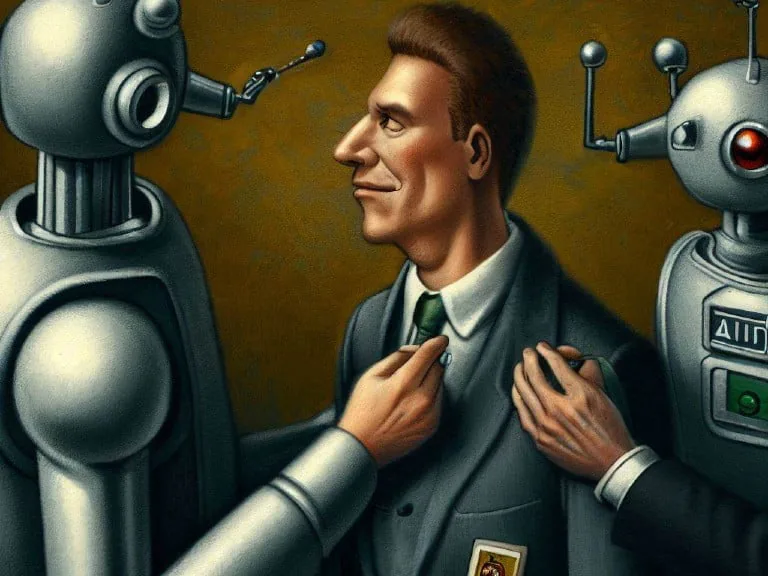 A stylized painting of a man in a suit being adjusted by two humanoid robots. One robot adjusts his tie, while the other fixes his lapel, showcasing a blend of human and AI collaboration in a formal setting.