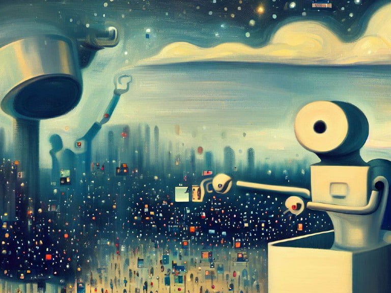 A surreal painting depicting robotic figures with camera-like heads overseeing a cityscape filled with tiny digital icons, symbolizing data surveillance and control.