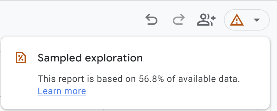 A notification in Google Analytics 4 indicating that the current exploration report is based on sampled data, specifically 56.8% of the available dataset. The alert includes an icon and a "Learn more" link for additional details about data sampling.