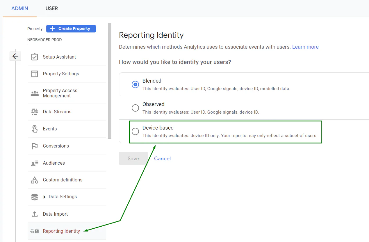 Screenshot of the Reporting Identity settings in Google Analytics 4. The interface displays three identity evaluation methods: "Blended" (default, using User ID, Google signals, device ID, and modelled data), "Observed," and "Device-based." The "Device-based" option is highlighted, showing its evaluation of device ID only and indicating that reports may reflect a subset of users. The navigation panel highlights the "Reporting Identity" section under "Admin" settings.