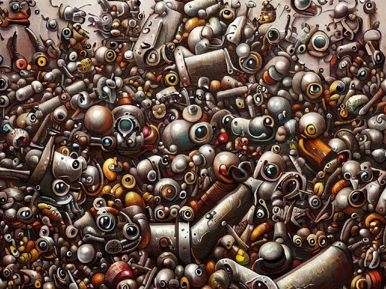 A chaotic and intricate illustration showing a dense pile of small, quirky robots with a variety of eyes, gears, and mechanical parts interwoven. This artwork vividly represents the overwhelming nature of bot traffic and the challenge of identifying it within digital ecosystems, as explored in the context of Google Analytics 4.