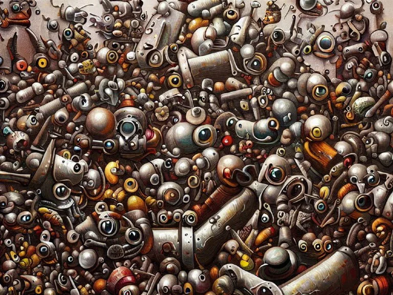 A chaotic and intricate illustration showing a dense pile of small, quirky robots with a variety of eyes, gears, and mechanical parts interwoven. This artwork vividly represents the overwhelming nature of bot traffic and the challenge of identifying it within digital ecosystems, as explored in the context of Google Analytics 4.
