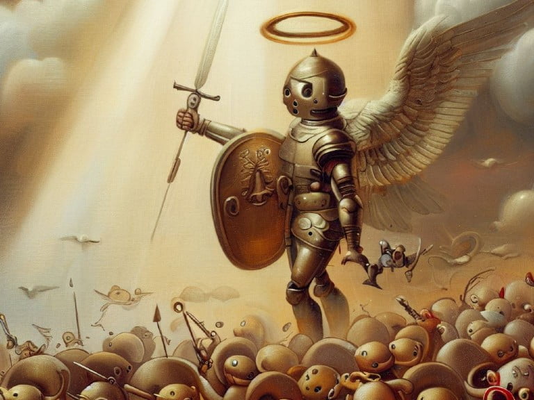 A majestic, angelic knight adorned with shining armor, a glowing halo, and expansive wings stands triumphantly atop a horde of whimsical robots. Wielding a sword and shield, the knight symbolizes the relentless fight against bot traffic and the defense of authentic user data in digital analytics.