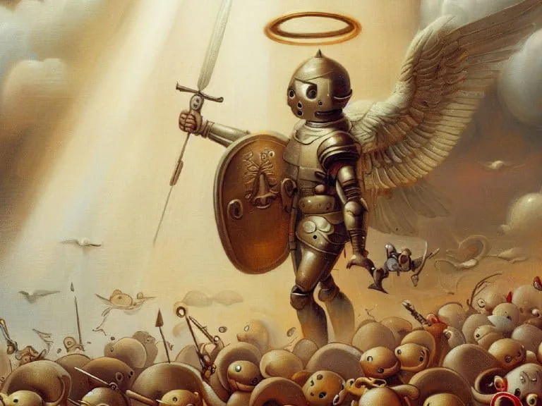 A majestic, angelic knight adorned with shining armor, a glowing halo, and expansive wings stands triumphantly atop a horde of whimsical robots. Wielding a sword and shield, the knight symbolizes the relentless fight against bot traffic and the defense of authentic user data in digital analytics.